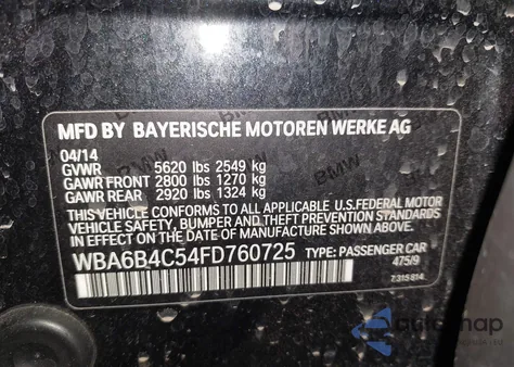 2015 BMW 650I Gran Coupe Alpina B6 xDrive/xDrive z USA, uszkodzony, nr VIN WBA6B4C54FD760725